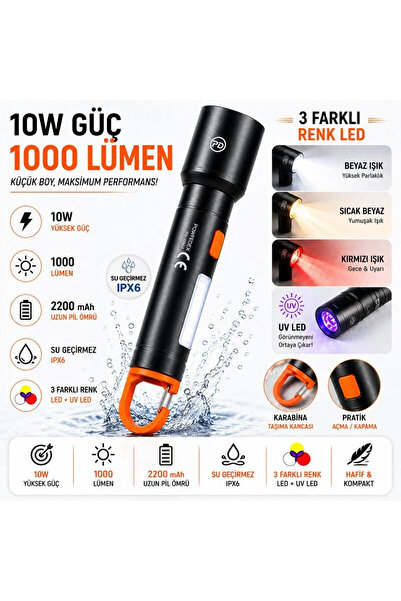 Yenimiyeni 10W 1000 Lümen Zoomlu Işıldaklı Çakar Modlu 3 Farklı Işık Modu Uv ...