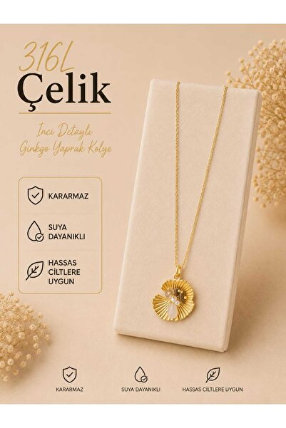 316L Çelik Ginkgo Yaprak Figürlü Doğal Taş Detaylı Gold Kolye