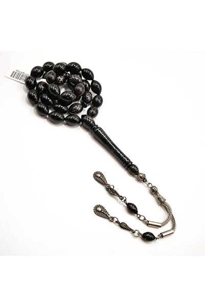 Generic Yusr Rosary 33 Beads 9.5x13mm Black Oval Prayer Beads 38g Gold Sparkl...