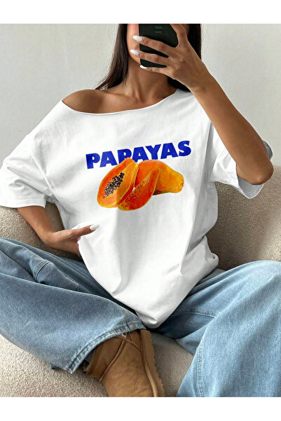 OVER HEAD تي شيرت نسائي من PAPAYAS مطبوع برقبة قاربية وأكتاف منخفضة مصنوع من ...