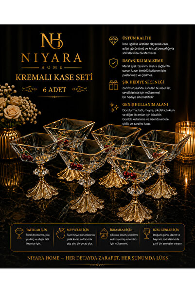 Niyara home - dondurmalik KASE SETİ 6 ADET Cam metal ayaklı
