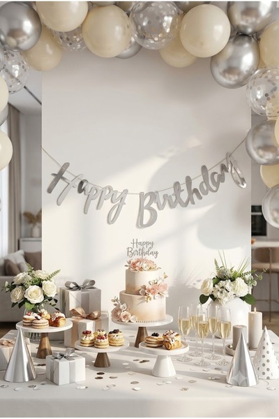 baloss fer Silver Happy Birthday Banner Silver Birthday Party Ornament Hangin...