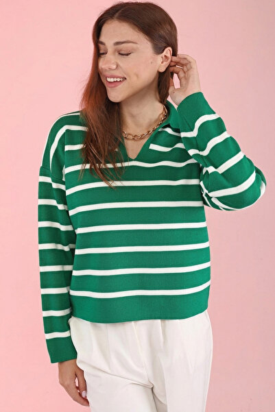 VARENZEA Women's Green Oversize Polo Collar Striped Long Sleeve Knitwear Swea...