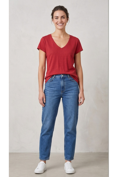 Collezione Women's 100% Cotton V-Neck Slub Knitted Basic T-Shirt