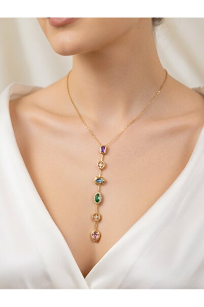 Multi JEWEL Special Y Design Steel Necklace with 6 Elements of Colorful Zirco...