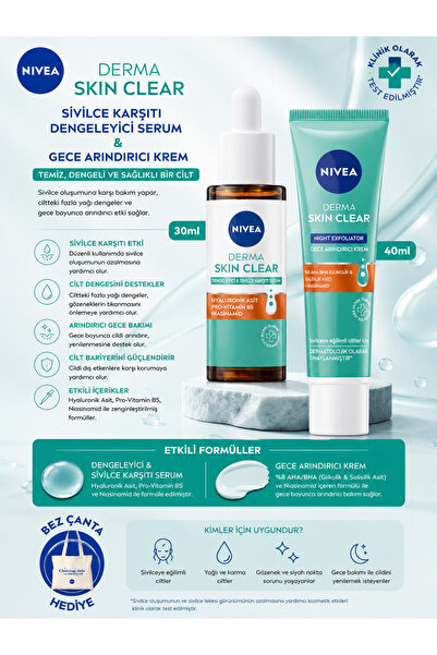 NIVEA Derma Skin Clear Akne Karşıtı Serum 30 ML ve Gece Arındırıcı Krem 40 ML...