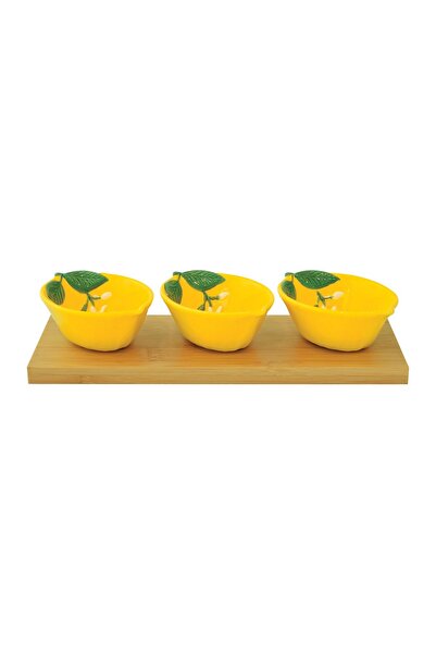 Kitchen Stories Set 3 boluri din portelan cu suport din lemn, Fleurs Citrons