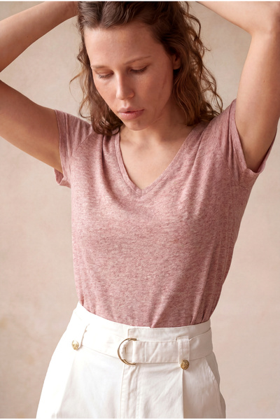 WESTMARK LONDON Women's Pink Melange Cotton Regular Fit V-Neck Short Sleeve T...