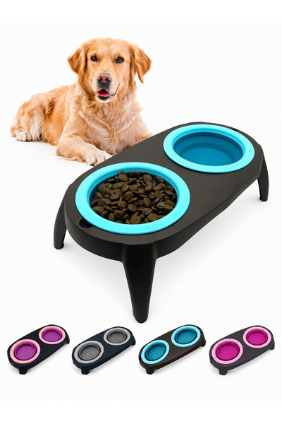 FERAH PLASTİK Yükseltilmiş İkili Kedi Köpek Mama ve Su Kabı Katlanabilir Silikon Hazneli 13 cm Ayaklı Mama Kabı