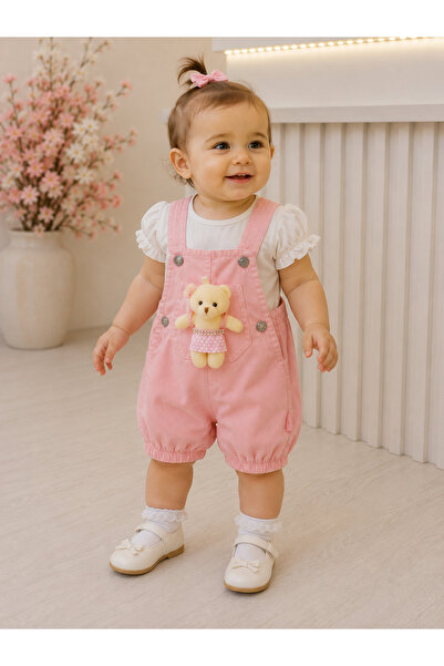 ues Baby Girl Pink Salopet with Teddy Bear