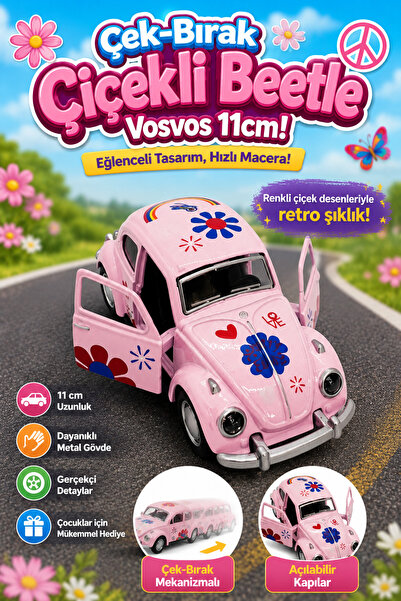 craftivio Çek Bırak Metal Vosvos Oyuncak Araba 11 cm - Klasik Çiçekli Retro T...