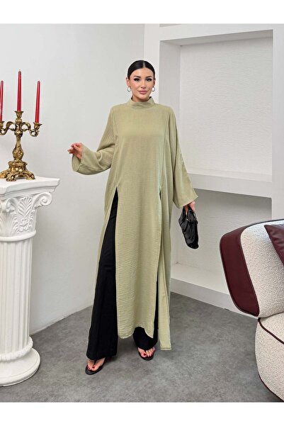 Hatun Atila Women's Oversize High Collar Side Slit Wrinkled Textured Long Tun...