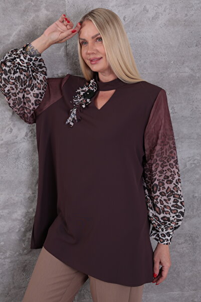 KİFAYET Plus Size Leopard Detailed V-Neck Pleated Long Sleeve Stylish Women's...