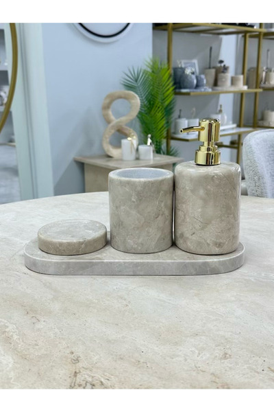 veloraliving Decorative Natural Beige Marble 4-Piece Bathroom Set with Gold D...