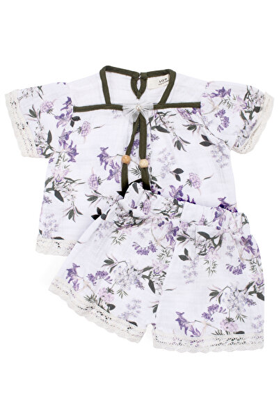 bebegen Baby Girl Ecru Purple Ribbed Floral Patterned Scalloped Muslin Shorts...