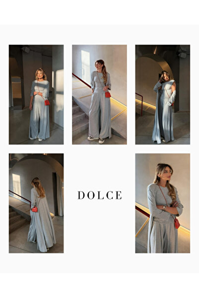 femmes fraiches Aisha Gri Vatkalı T-shirt - Pileli Pantolon - Kimono Set