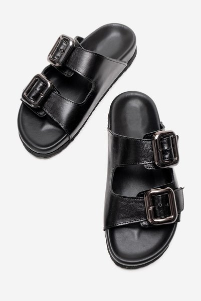 PASSAGE SHOES شبشب نسائي من الجلد الطبيعي بشريط مزدوج ومشبك 6337 أسود