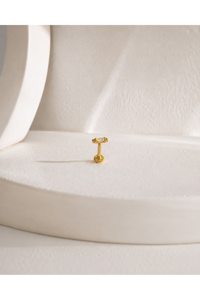 Sarezza Gold 14 Ayar Altın Baget Taş Detaylı Minimal Tragus Piercing Küpe