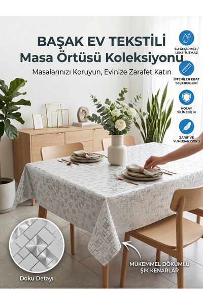 Başak Ev Tekstili Silver Shiny Pvc Tablecloth - Wipeable, Stain Resistant, Ki...