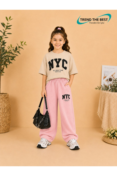 TREND THE BEST Trendin En İyisi Summer Girls' Nyc Printed Pink Sweatpants and...