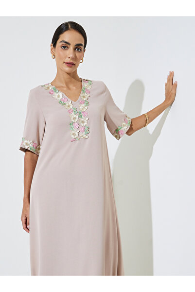 Amirah By Styli Beige Floral Lace Trim V Neck Jalabiya