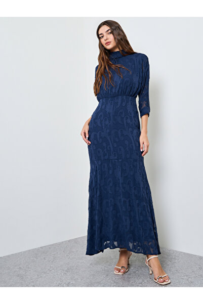 Styli Navy Blue Jacquard A-Line Maxi Dress