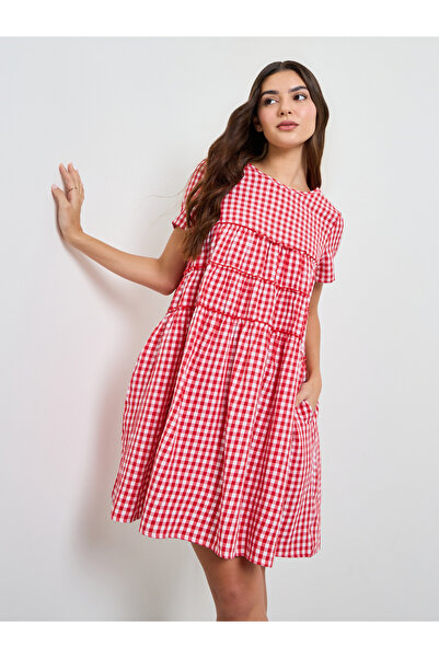 Take Two By Styli Red Gingham Check Pocketed Mini Dress