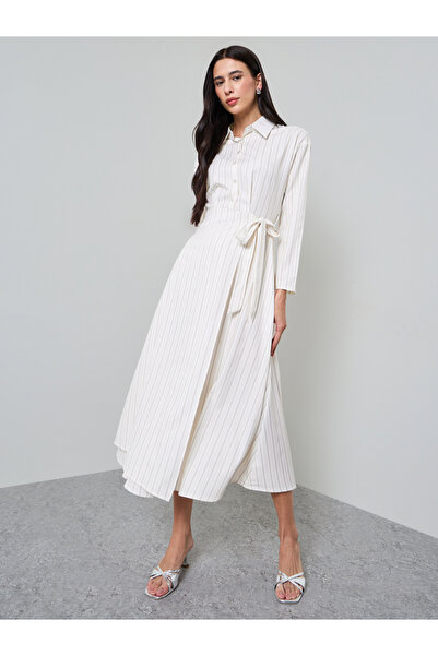 Styli White Striped Wrap Shirt Midi Dress