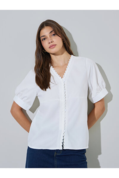 Styli White Short Sleeve Lace Trim Blouse