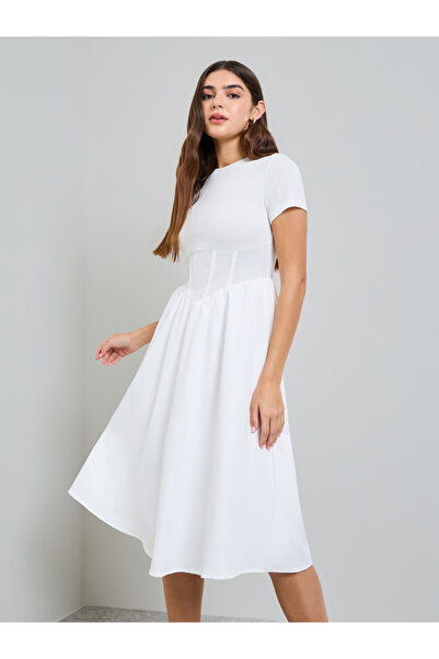 Take Two By Styli Pink Corset Waist A-Line Midi Dress