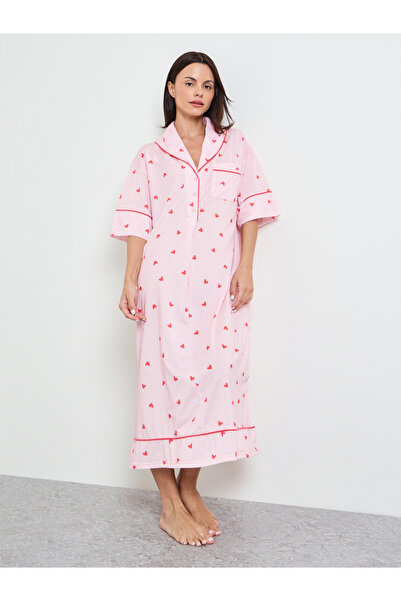 Styli Pink Contrast Piping Half Placket Heart Nightshirt