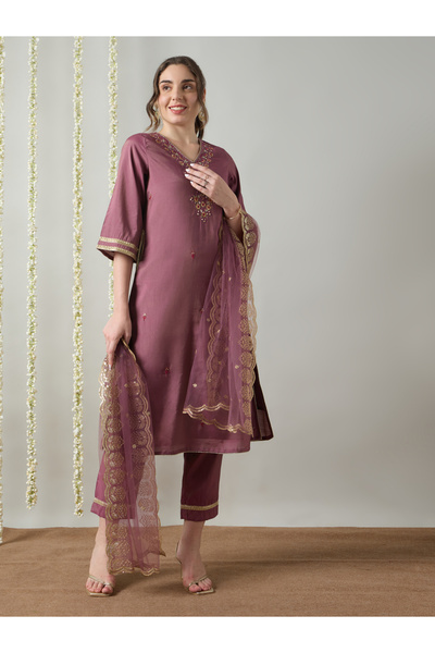 Silver Lime By Styli Lilac Yoke Embroidery A-Line Kurta, Pants and Dupatta Set