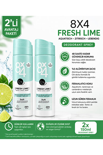 8x4 Fresh Lime Deodorant Sprey 150 ml - 48 Saat Koruma - Alüminyum (ACH) İçer...