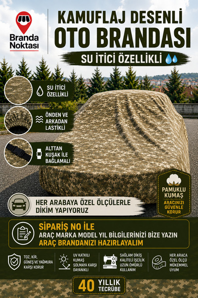 Branda Noktası Kamuflaj Desenli Oto Brandası Su İtici Pamuklu Kumaş Özel Ölçü...