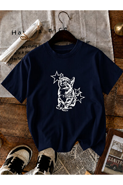 ZİYMO Women's Y2K Star Cat Printed Oversized T-Shirt Navy Blue
