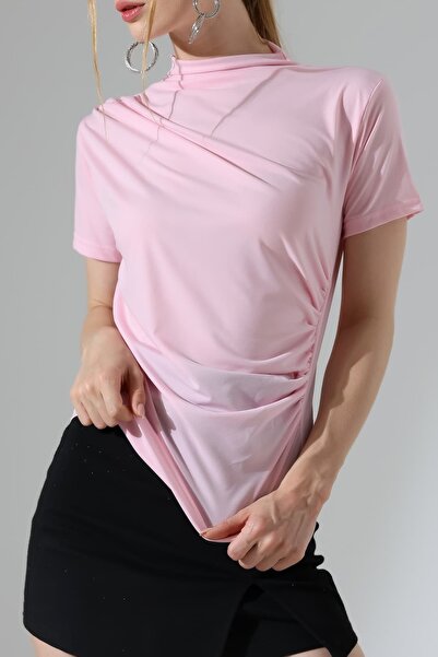 Sabr Sandy Fabric Degaje Collar Draped Short Sleeve Women's Blouse