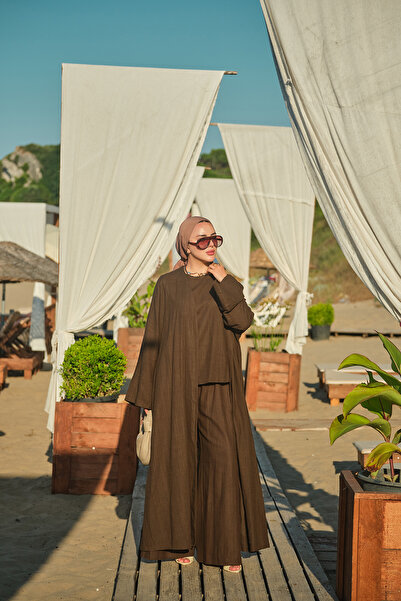 LOCCO Women's Three-Piece Detailed Waist-Tie Linen Kimono Set Brown