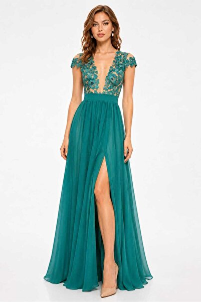 Fofy Rochie elegantă lungă verde smarald, cu bust din dantelă brodată și fust...