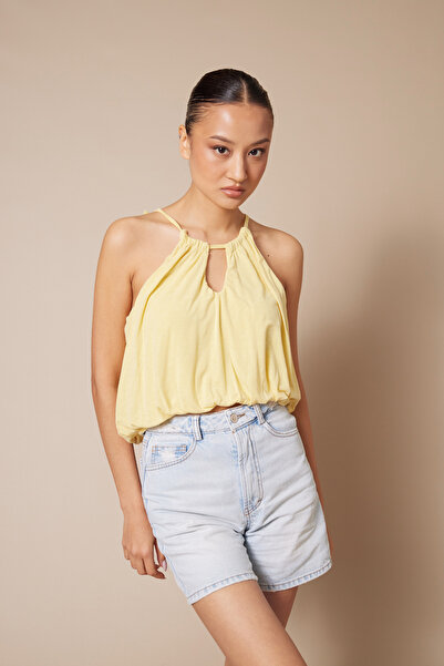 Nisan Halter Neck Balloon Crop Top with Window Detail Yellow