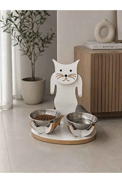 Asrimo mobilya Kedi Figürlü Ahşap Mama ve Su Kabı Standı – Dekoratif & Açık Kollu Beyaz