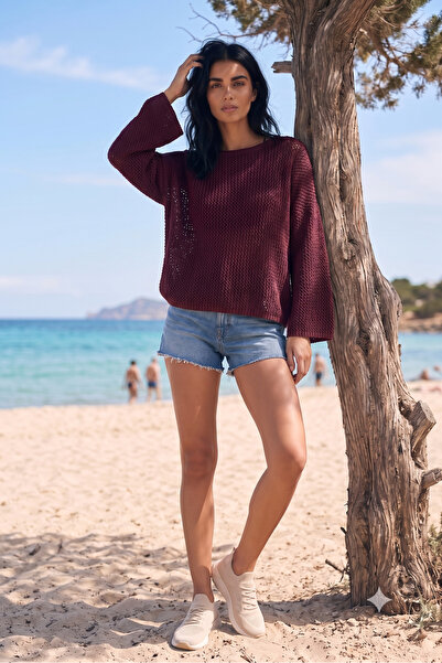 WeShaya Women's Burgundy Boat Neck Openwork Knitwear Blouse Loose Fit Spring ...