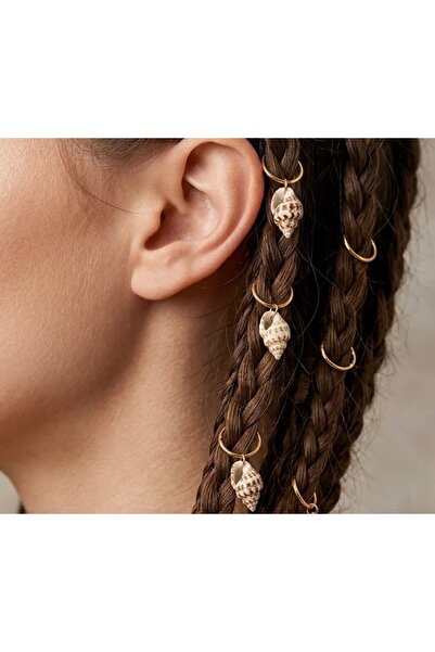 Yeşim Aksesuar Seashell Hair Earring - Hair Ring (8 Seashells + 20 Gold Rings)