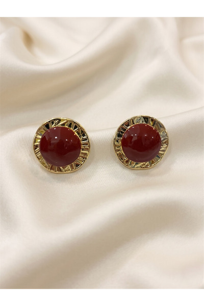 Pelin Aksesuar Dark Red Curved Round Earrings with Gold Color Detail