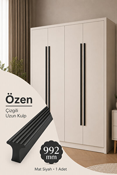 Badem10 Özen (1 Adet) Mat Siyah 992 mm Çizgili Metal Modern Mobilya Dolap Çek...