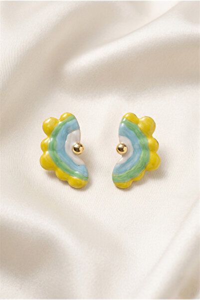 Pelin Aksesuar Blue, Green, White and Yellow Colored Wavy Form Earrings