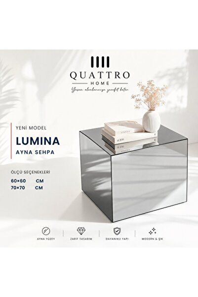 QUATTRO HOME Lumina Ayna Sehpa Füme Aynalı Modern Küp Sehpa