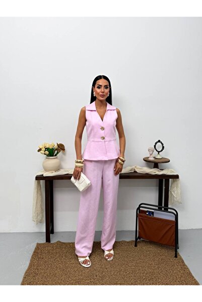 Bella Breeze Women's Linen Button Detailed Vest Trousers Jewelry Stylish Two-...