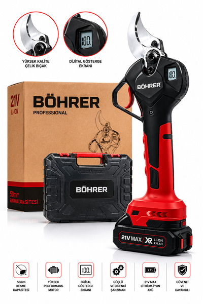 BÖHRER BA011438 2 AKÜLÜ DİJİTAL GÖSTERGE 21V 2AH 50MM AKÜLÜ DAL BUDAMA BAĞ MA...
