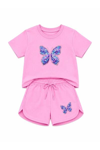 YİGİT BUTİK Girls' Butterfly Sequin Embroidered Shorts Set Summer Short Sleev...