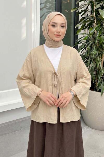 zenne Textured Lace-Up Kimono 2361 - Beige